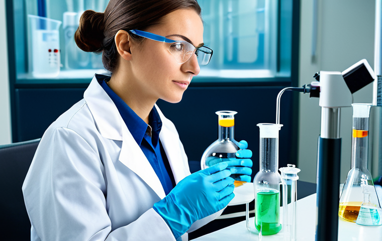 **

"A professional female chemical engineer in a clean, modern laboratory, fully clothed in appropriate lab attire: lab coat, safety glasses, and gloves. She is carefully examining a clear liquid in a borosilicate beaker, with various lab instruments in the background. Safe for work, appropriate content, perfect anatomy, natural proportions, high-quality rendering, professional setting, modest attire."

**