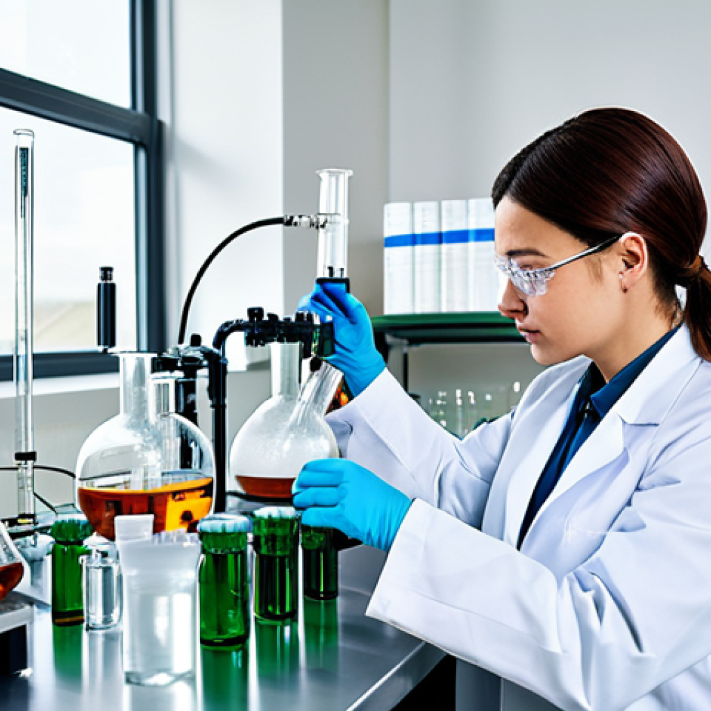 화학공학 실기 준비 - "A meticulous female chemical engineer in a clean lab, fully clothed in professional attire, working...