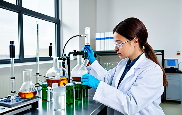 화학공학 실기 준비 - "A meticulous female chemical engineer in a clean lab, fully clothed in professional attire, working...
