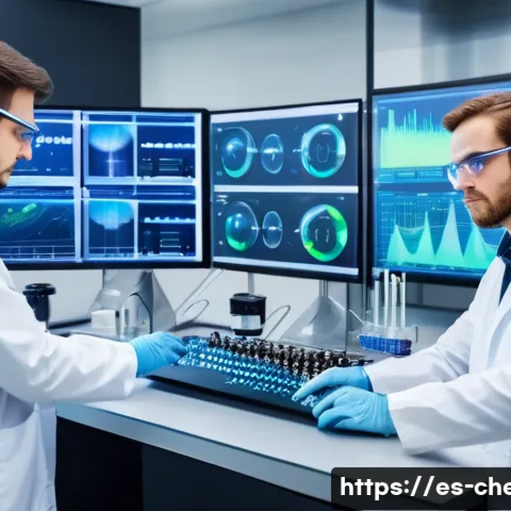 화학공학 실험 연구 사례 - A modern chemical laboratory scene showing a diverse team of scientists conducting experiments with ...
