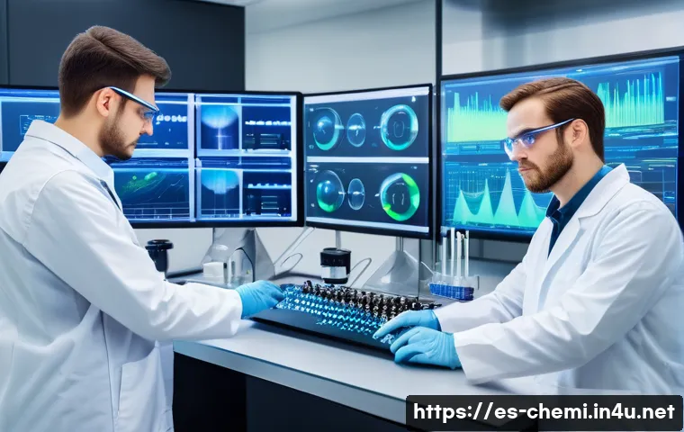 화학공학 실험 연구 사례 - A modern chemical laboratory scene showing a diverse team of scientists conducting experiments with ...