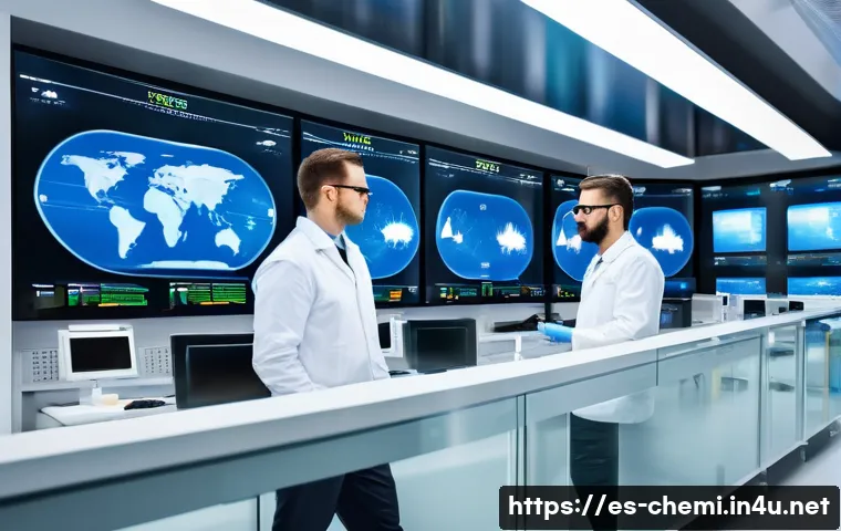 화학공학 업무사례 - A modern chemical production plant control room with engineers monitoring multiple large digital scr...