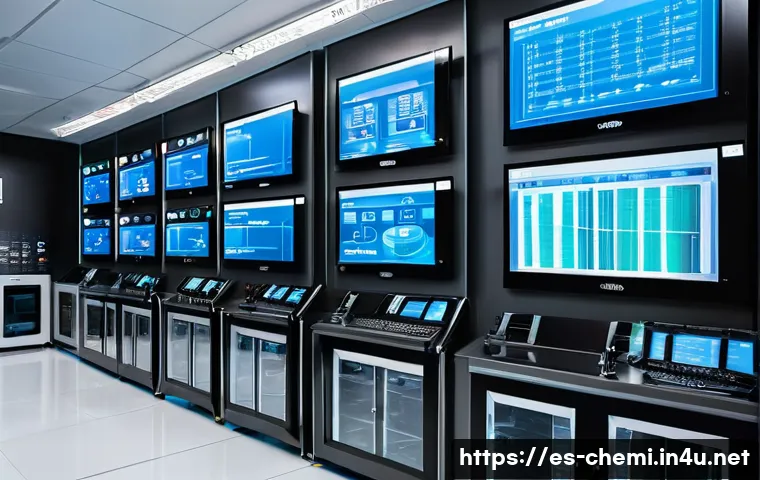 화학공학 기술 혁신 - A highly detailed industrial chemical plant control room featuring intelligent automation systems: l...