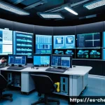 화학공학 품질 관리 - A modern chemical engineering control room with multiple large digital screens displaying real-time ...