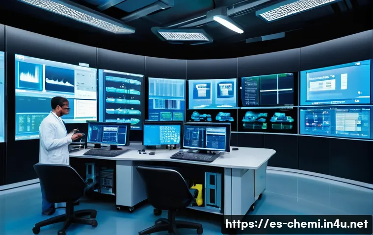 화학공학 품질 관리 - A modern chemical engineering control room with multiple large digital screens displaying real-time ...