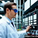 화학공학 고용주 요구사항 - A professional chemical engineer wearing safety glasses and a lab coat over business casual attire, ...