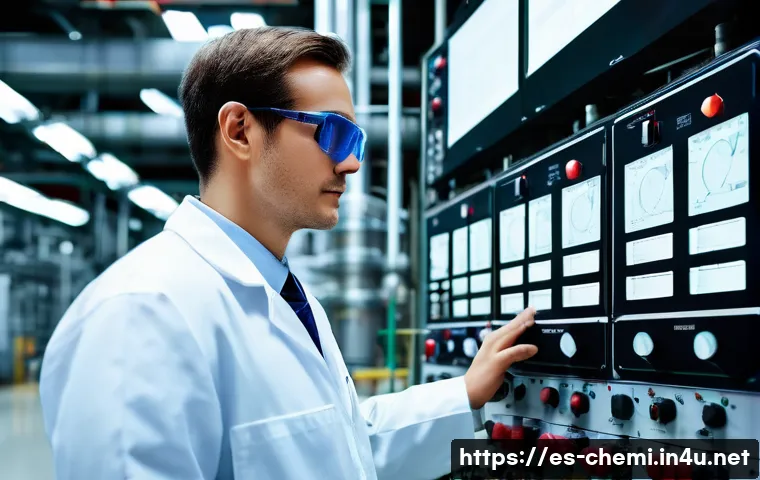 화학공학 고용주 요구사항 - A professional chemical engineer wearing safety glasses and a lab coat over business casual attire, ...
